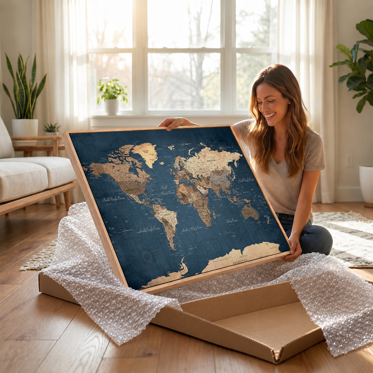 69886352-MGV-CV-36X24 - World Map Wall Art Canvas Print, Modern Decorative Framed Map Artwork Prints for Living Room, Office, Bedroom Wall Decor