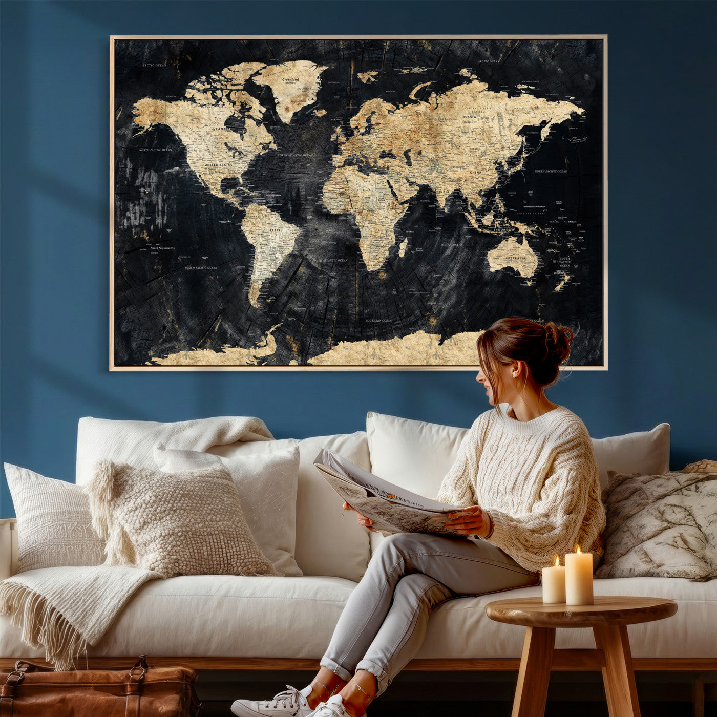 45535041-MGV-CV-36X24 - World Map Wall Art Canvas Print, Modern Decorative Framed Map Artwork Prints for Living Room, Office, Bedroom Wall Decor