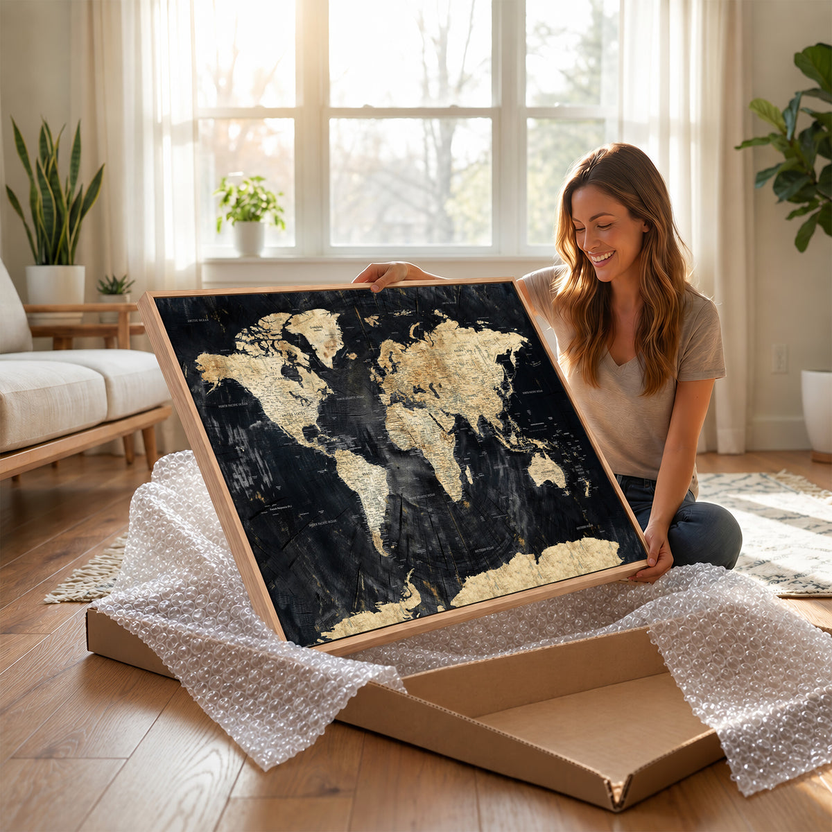 45535041-MGV-CV-36X24 - Framed Large World Map Wall Art Canvas Print for Living Room