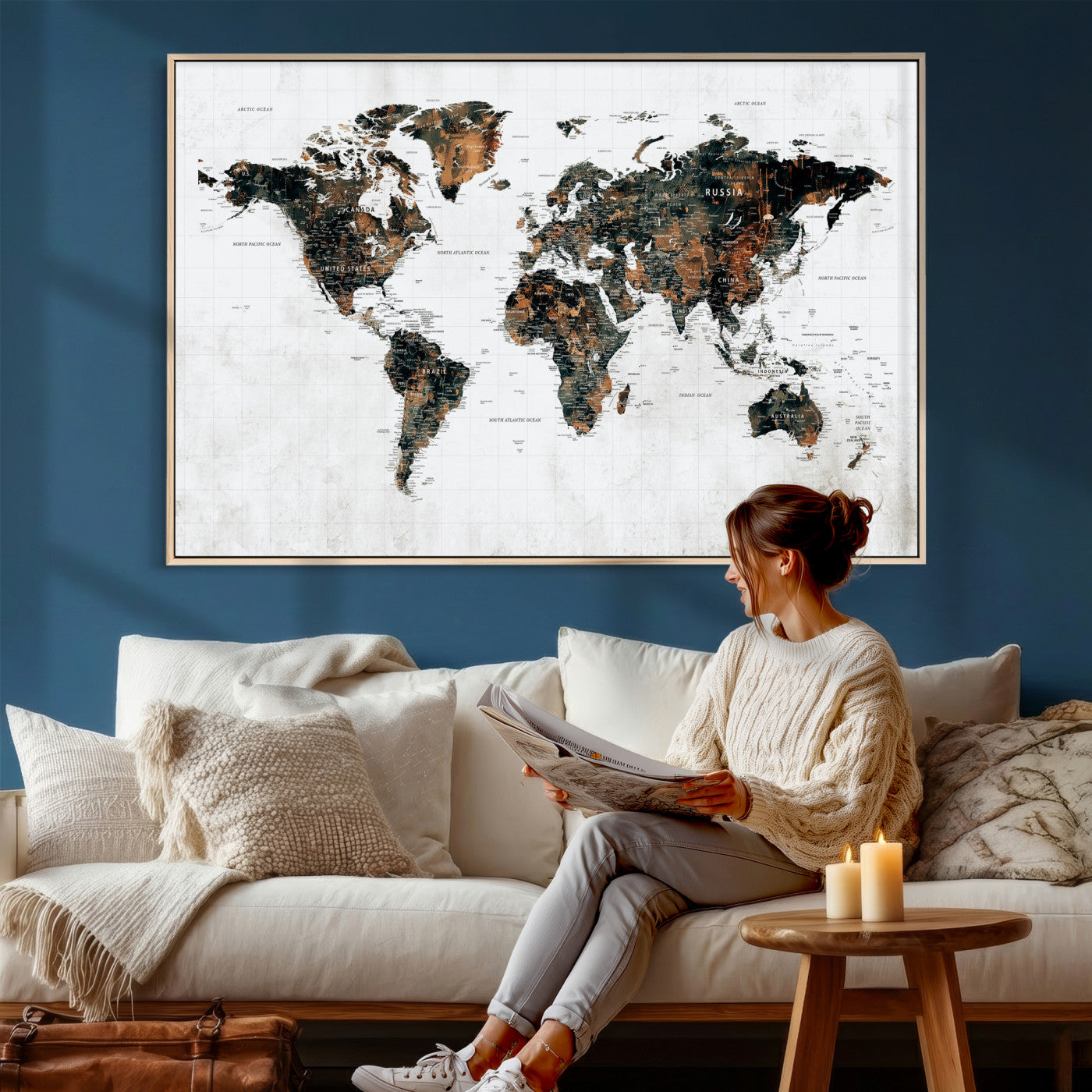 60008766-MGV-CV-36X24 - World Map Wall Art Canvas Print, Modern Decorative Framed Map Artwork Prints for Living Room, Office, Bedroom Wall Decor