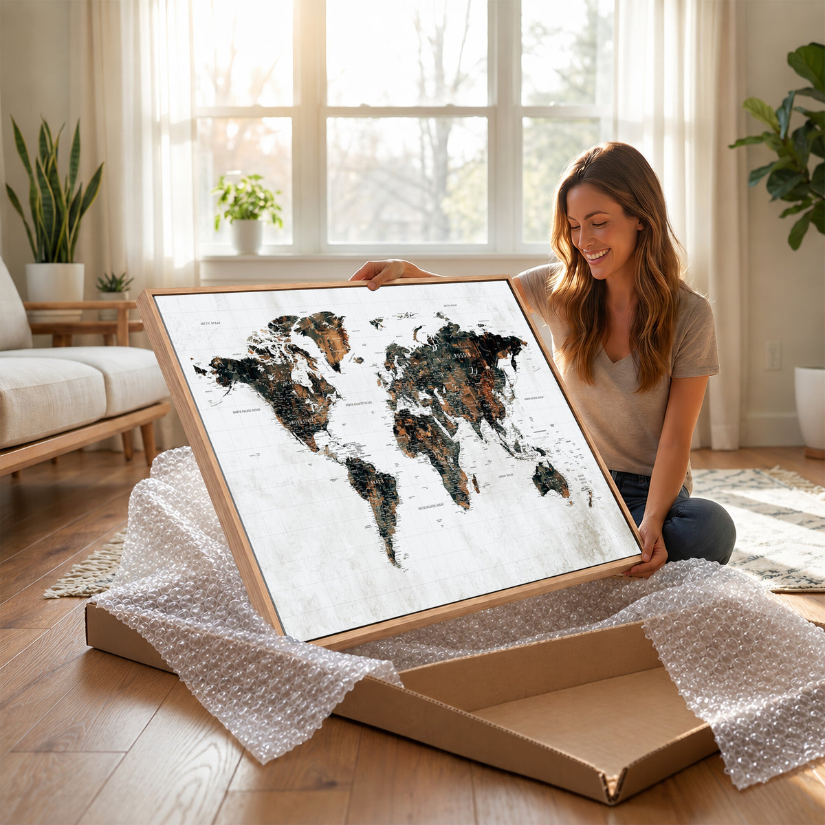 60008766-MGV-CV-36X24 - Large World Map Canvas Print – Framed Travel Map Wall Art