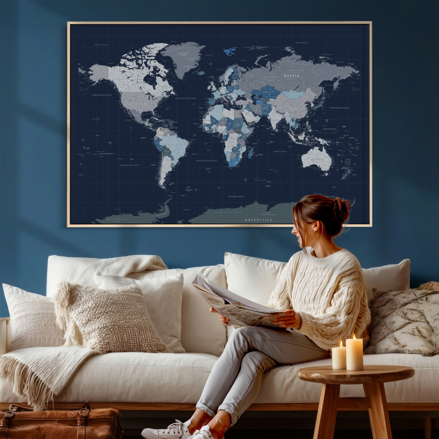 17712680-MGV-CV-36X24 - World Map Wall Art Canvas Print, Modern Decorative Framed Map Artwork Prints for Living Room, Office, Bedroom Wall Decor