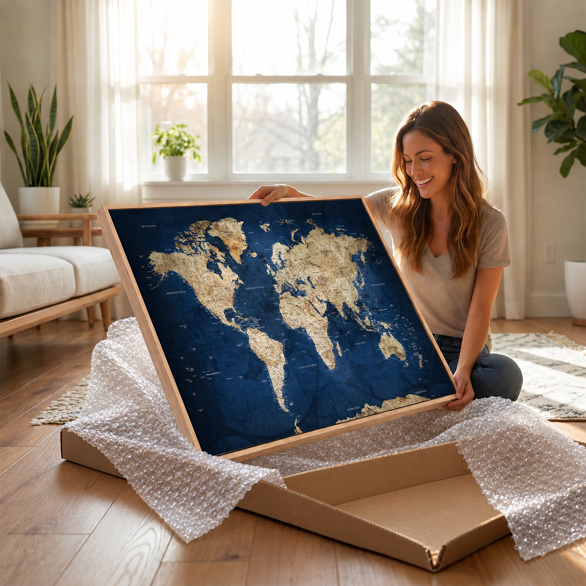 57503519-MGV-CV-36X24 - World Map Canvas Print – Framed Travel Map Wall Art for