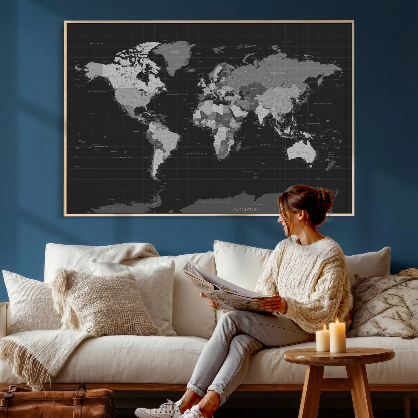 46160121-MGV-CV-36X24 - World Map Wall Art Canvas Print, Modern Decorative Framed Map Artwork Prints for Living Room, Office, Bedroom Wall Decor