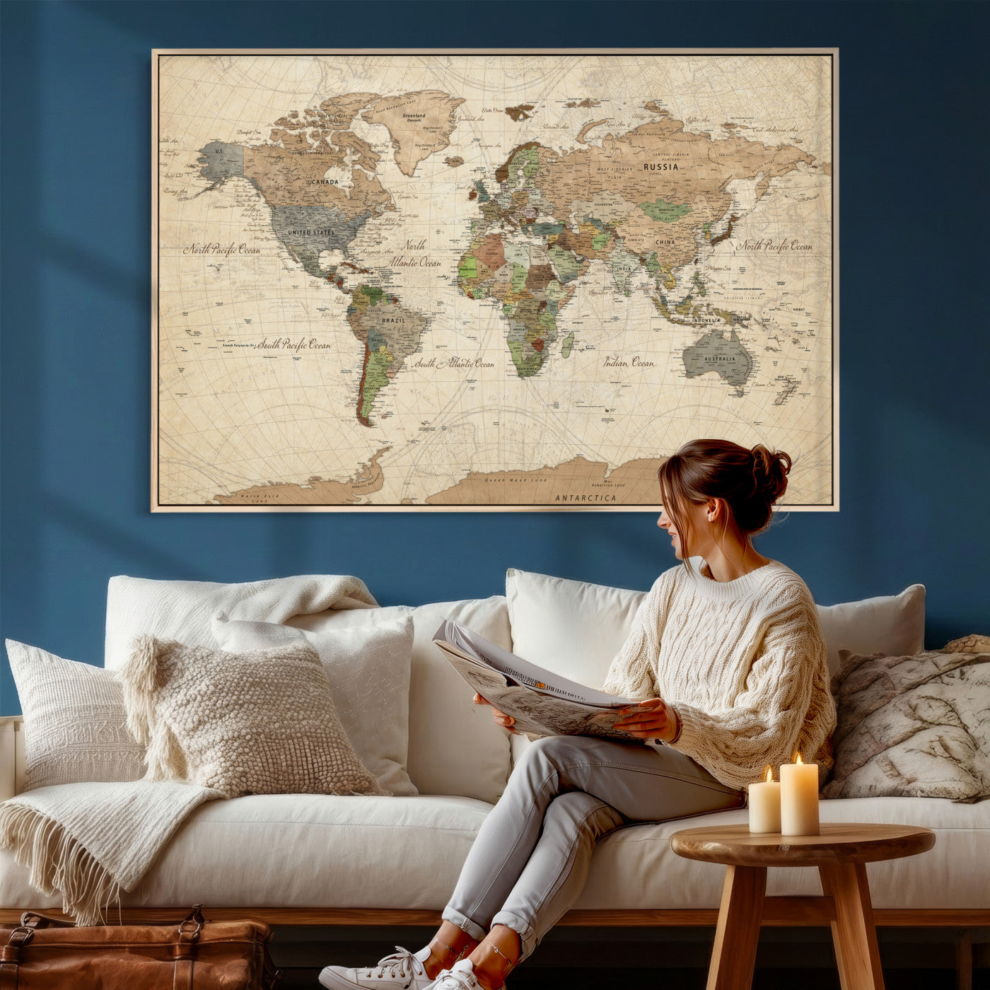 36735609-MGV-CV-36X24 - World Map Wall Art Canvas Print, Modern Decorative Framed Map Artwork Prints for Living Room, Office, Bedroom Wall Decor