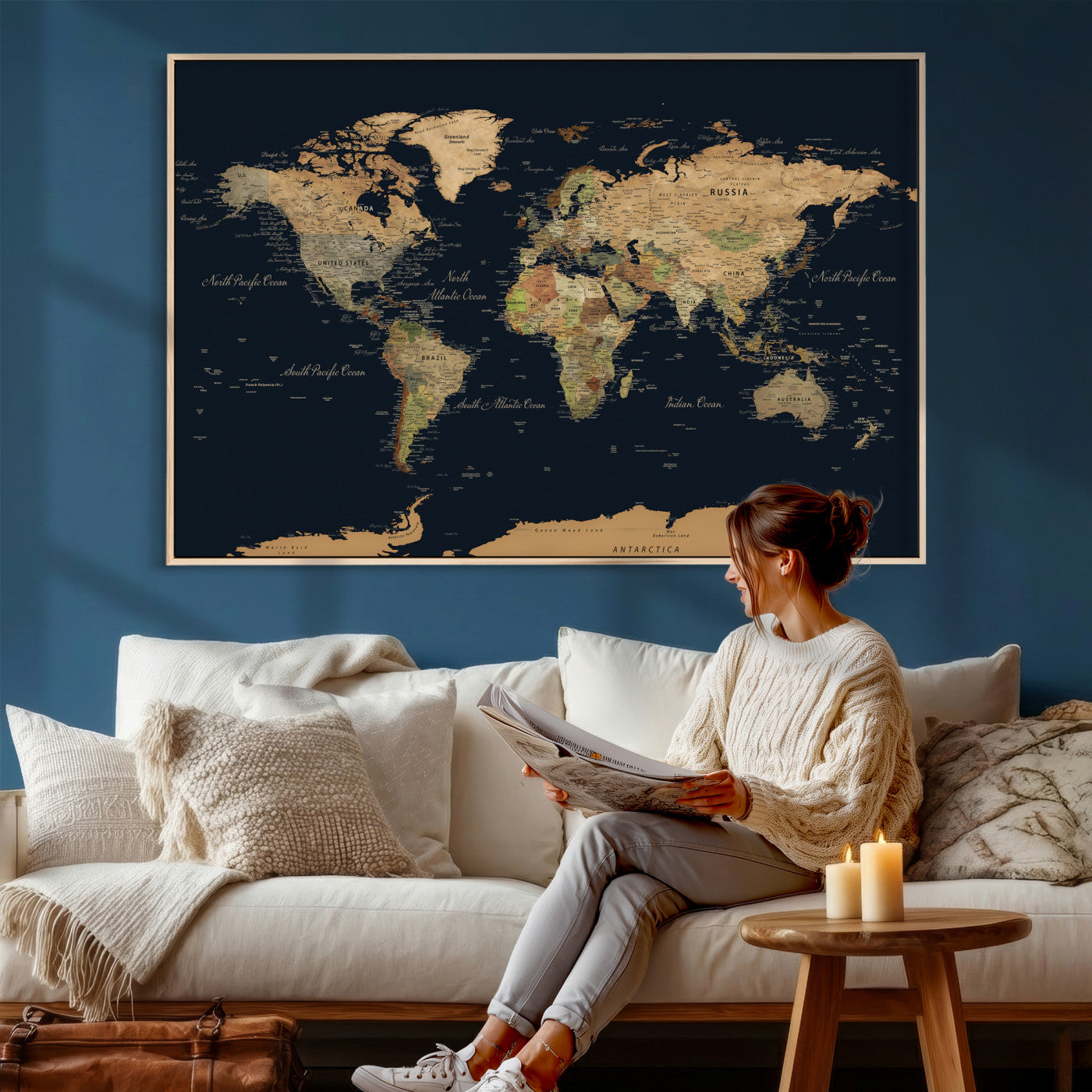 94449133-MGV-CV-36X24 - World Map Wall Art Canvas Print, Modern Decorative Framed Map Artwork Prints for Living Room, Office, Bedroom Wall Decor