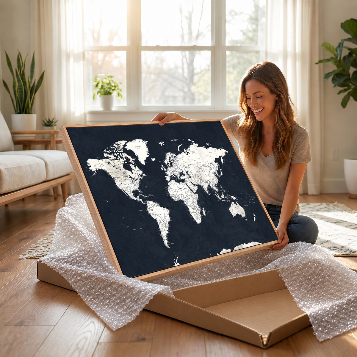 11963807-MGV-CV-36X24 - Black World Map Wall Art Canvas Print for Home Office and Meeting Room Decor
