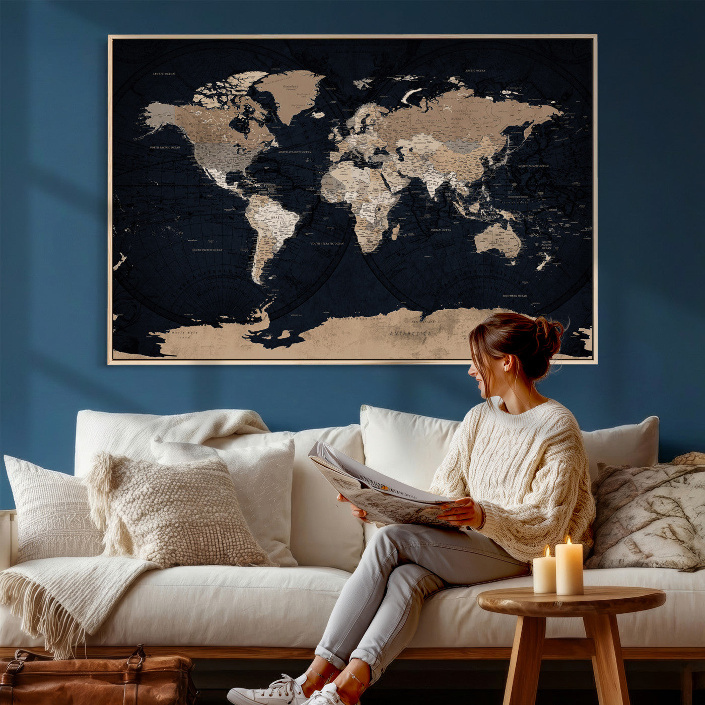 25812727-MGV-CV-36X24 - World Map Wall Art Canvas Print, Modern Decorative Framed Map Artwork Prints for Living Room, Office, Bedroom Wall Decor