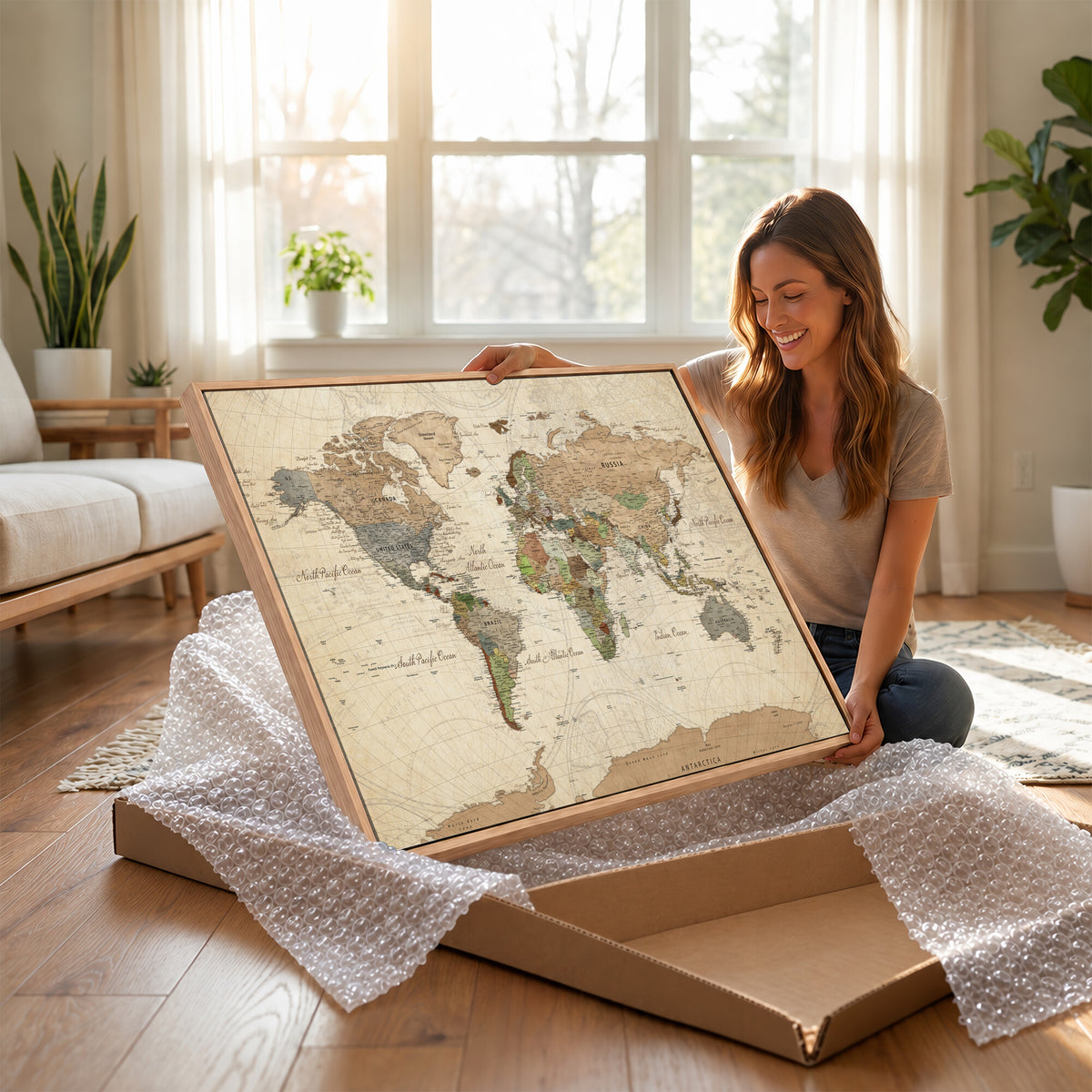 16856902-MGV-CV-36X24 - Vintage World Map Canvas Wall Art - Rustic Grunge Texture