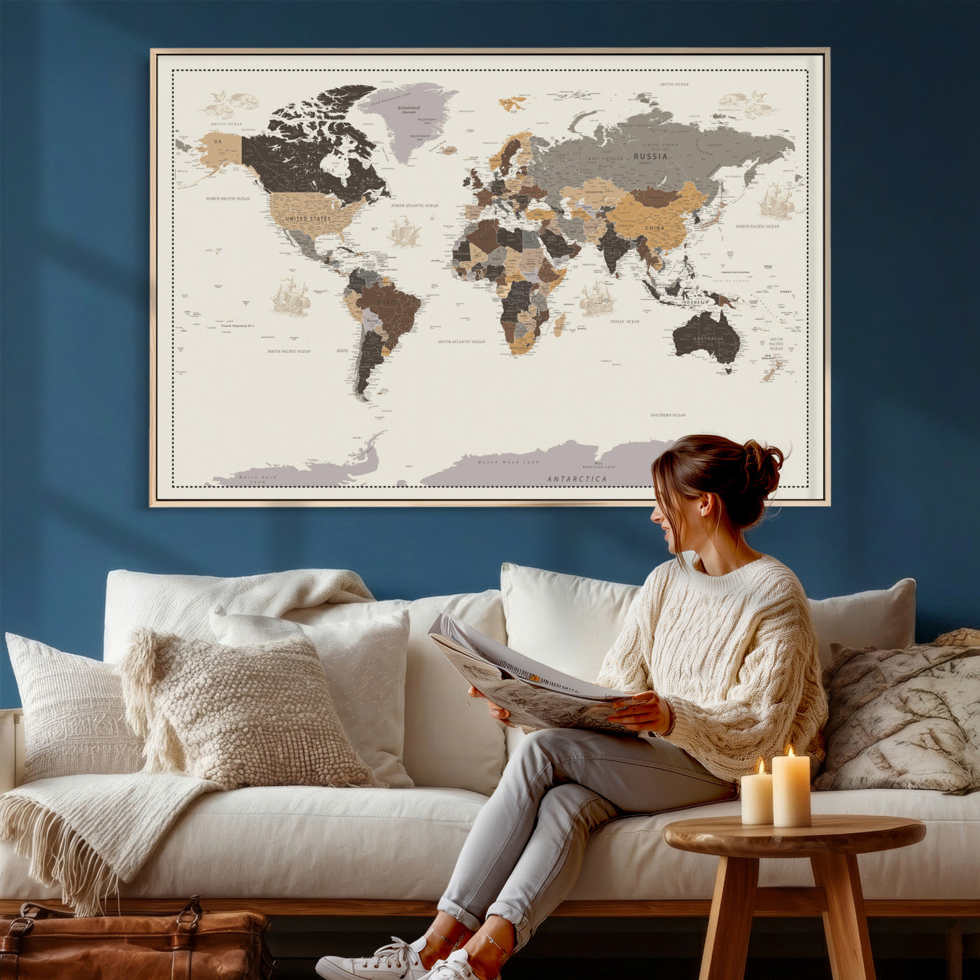 58777746-MGV-CV-36X24 - World Map Wall Art Canvas Print, Modern Decorative Framed Map Artwork Prints for Living Room, Office, Bedroom Wall Decor