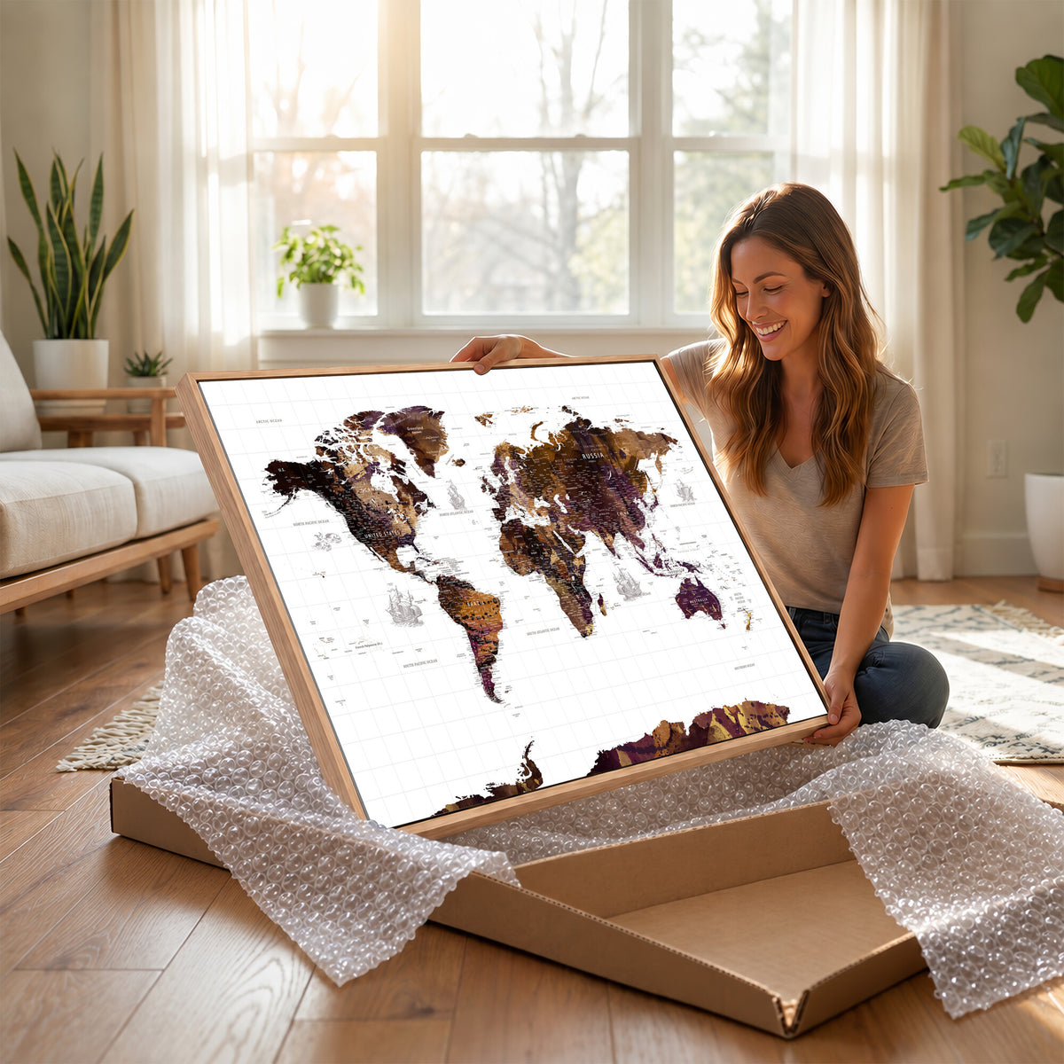 34792695-MGV-CV-36X24 - Rustic World Map Wall Art Canvas Print | Large Vintage Blue World Map on Wood Grain Style Background