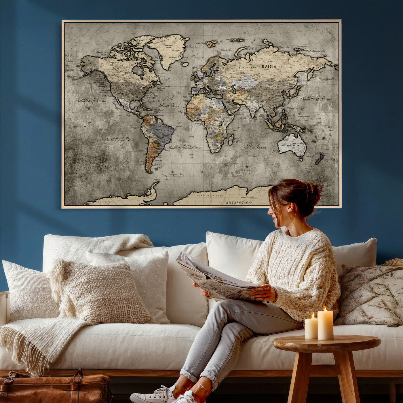 85218700-MGV-CV-36X24 - World Map Wall Art Canvas Print, Modern Decorative Framed Map Artwork Prints for Living Room, Office, Bedroom Wall Decor