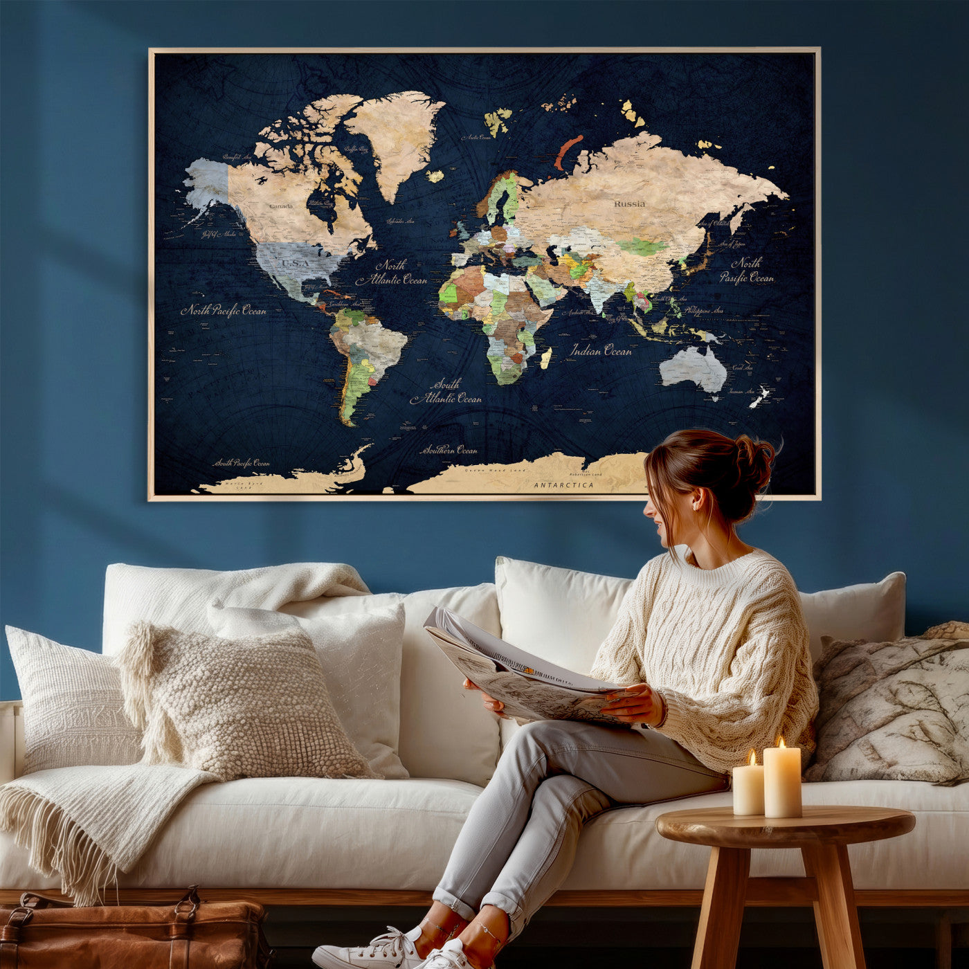 76603563-MGV-CV-36X24 - World Map Wall Art Canvas Print, Modern Decorative Framed Map Artwork Prints for Living Room, Office, Bedroom Wall Decor