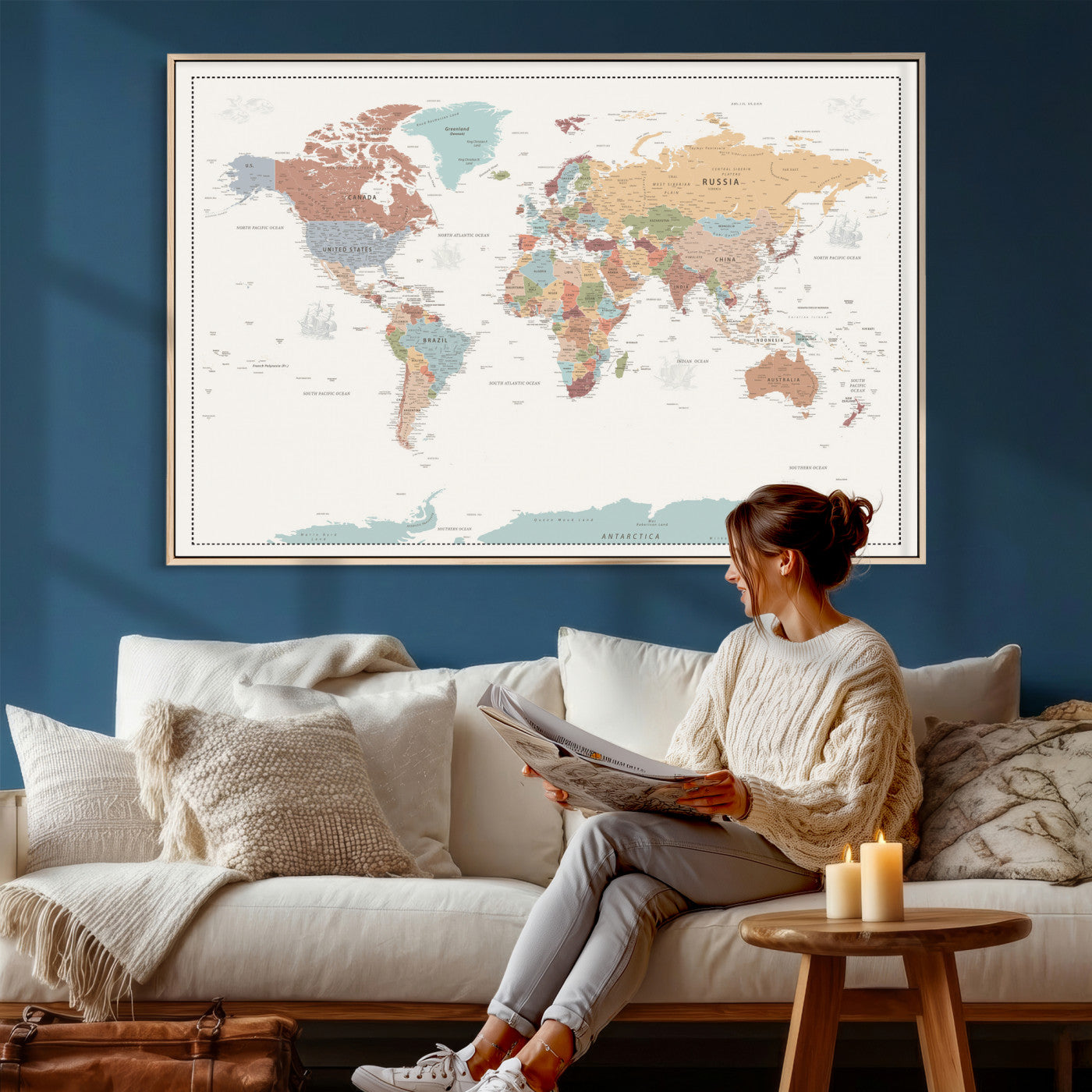 63447567-MGV-CV-36X24 - World Map Wall Art Canvas Print, Modern Decorative Framed Map Artwork Prints for Living Room, Office, Bedroom Wall Decor