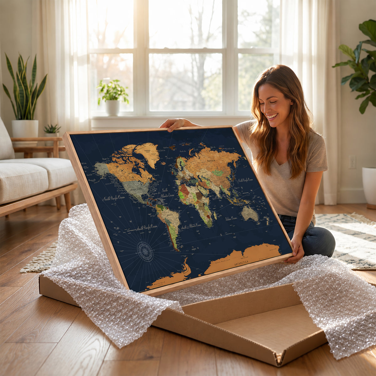 11715182-MGV-CV-36X24 - Modern World Map Canvas Print, Framed Detailed Map of the World Wall Art