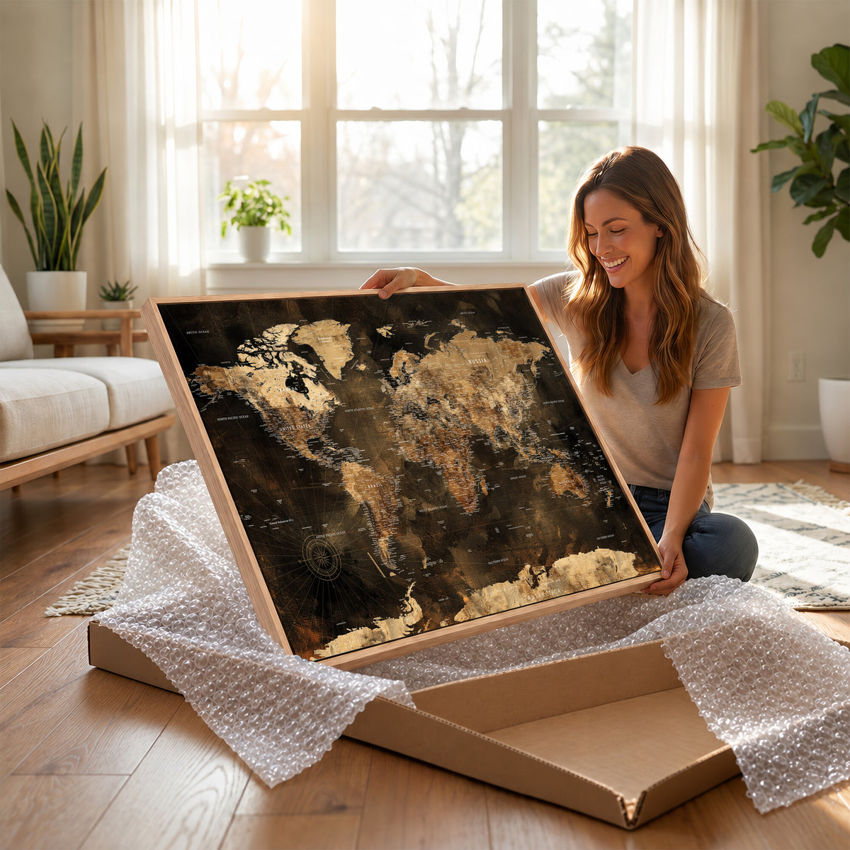 97742922-MGV-CV-36X24 - World Map Canvas Print, Modern Decorative Framed Map Artwork
