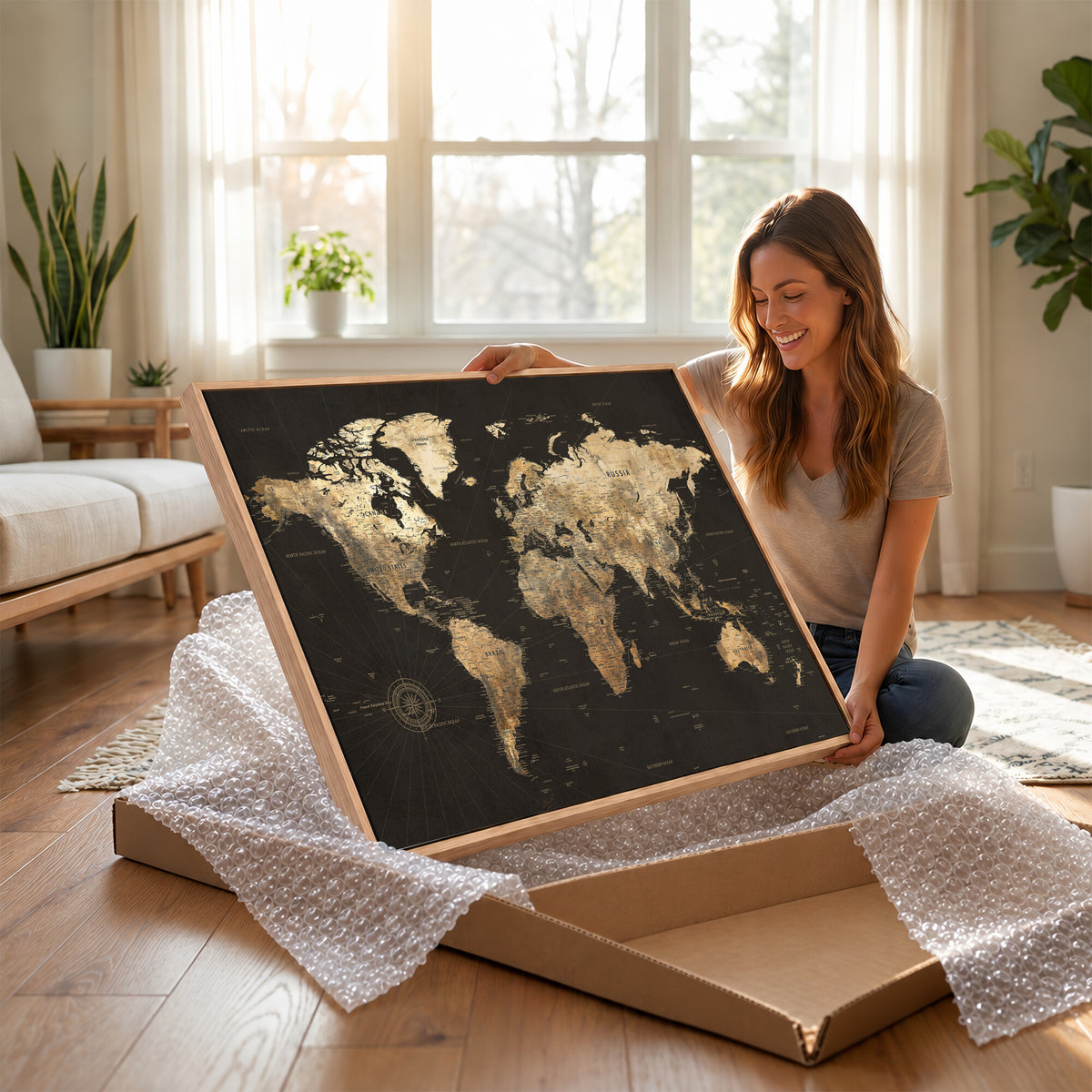 70985630-MGV-CV-36X24 - Framed World Map with Pin Canvas Print – Detailed World Map