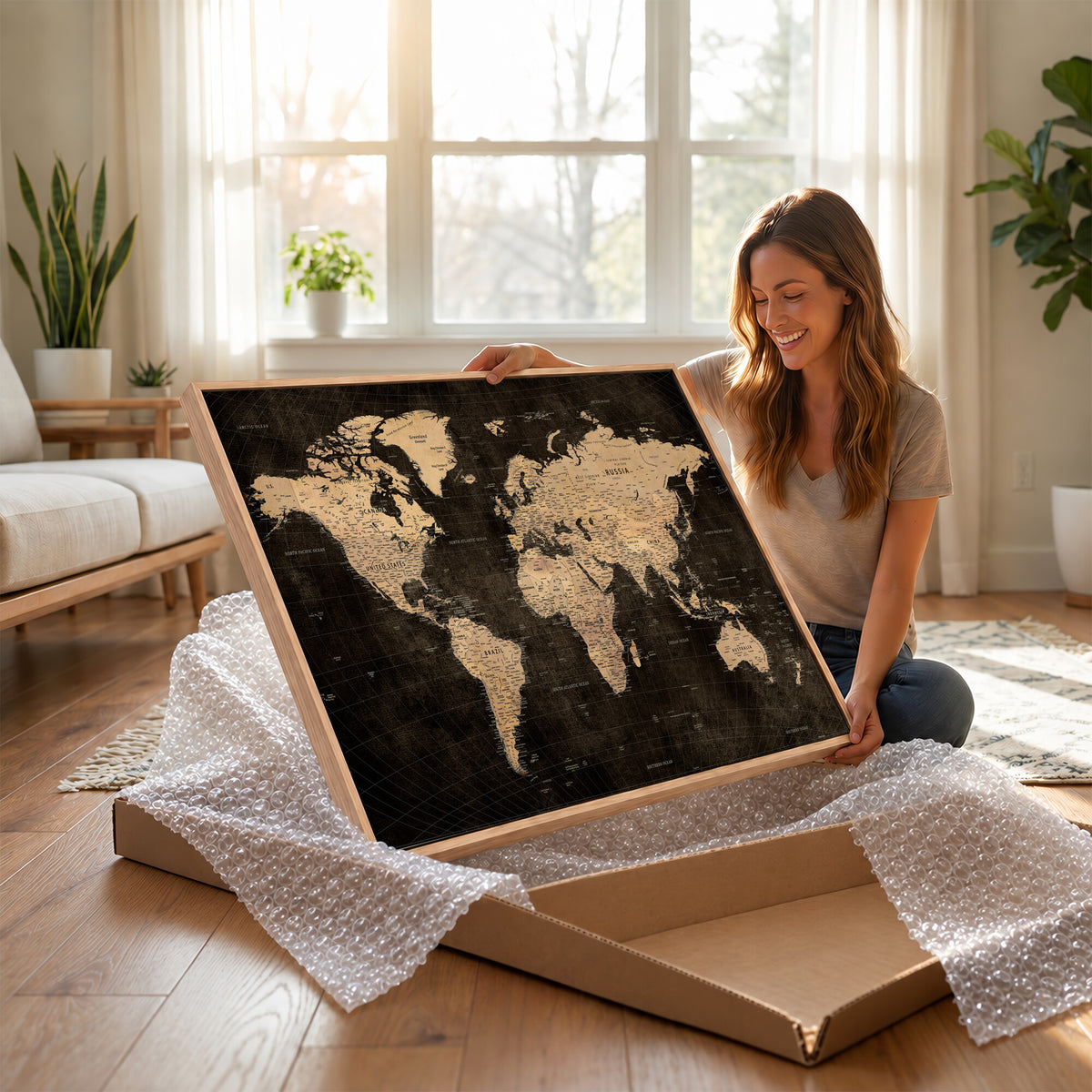 15118265-MGV-CV-36X24 - Brown World Map Canvas Print | Modern Travel Map Wall Art