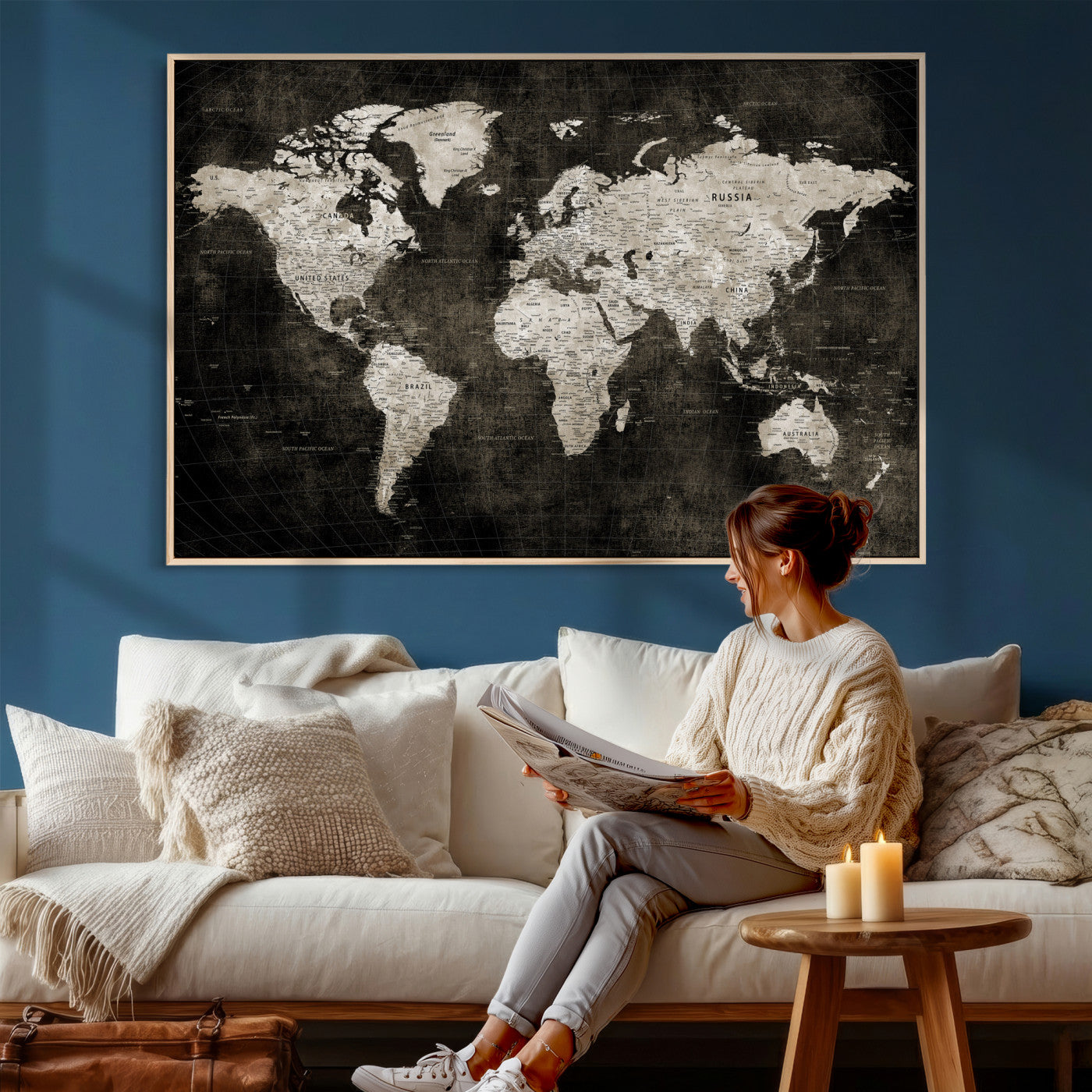 94581666-MGV-CV-36X24 - World Map Wall Art Canvas Print, Modern Decorative Framed Map Artwork Prints for Living Room, Office, Bedroom Wall Decor