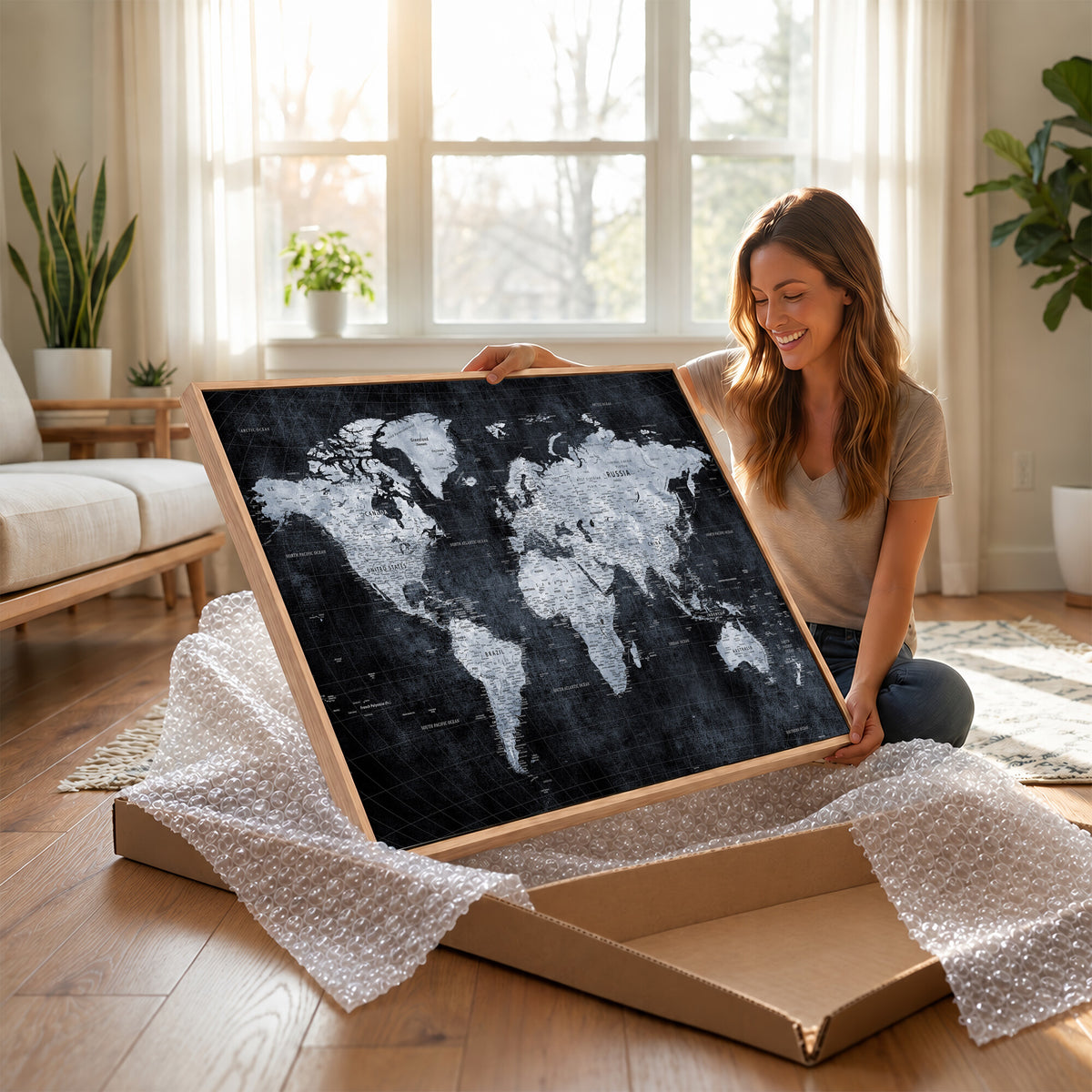 86893704-MGV-CV-36X24 - Black World Map Canvas Print | Detailed Map for Couples and Anniversary Gift