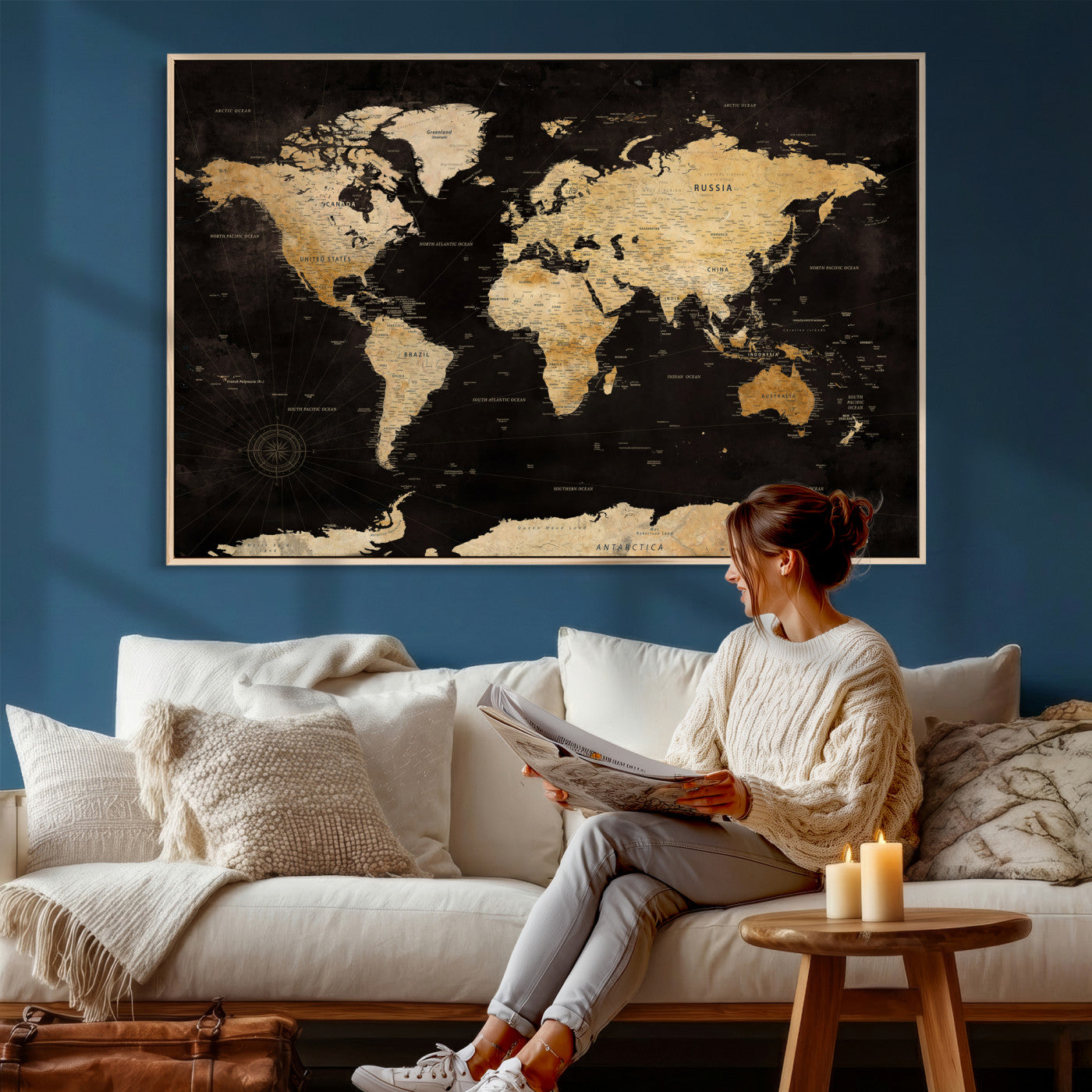 70468159-MGV-CV-36X24 - World Map Wall Art Canvas Print, Modern Decorative Framed Map Artwork Prints for Living Room, Office, Bedroom Wall Decor