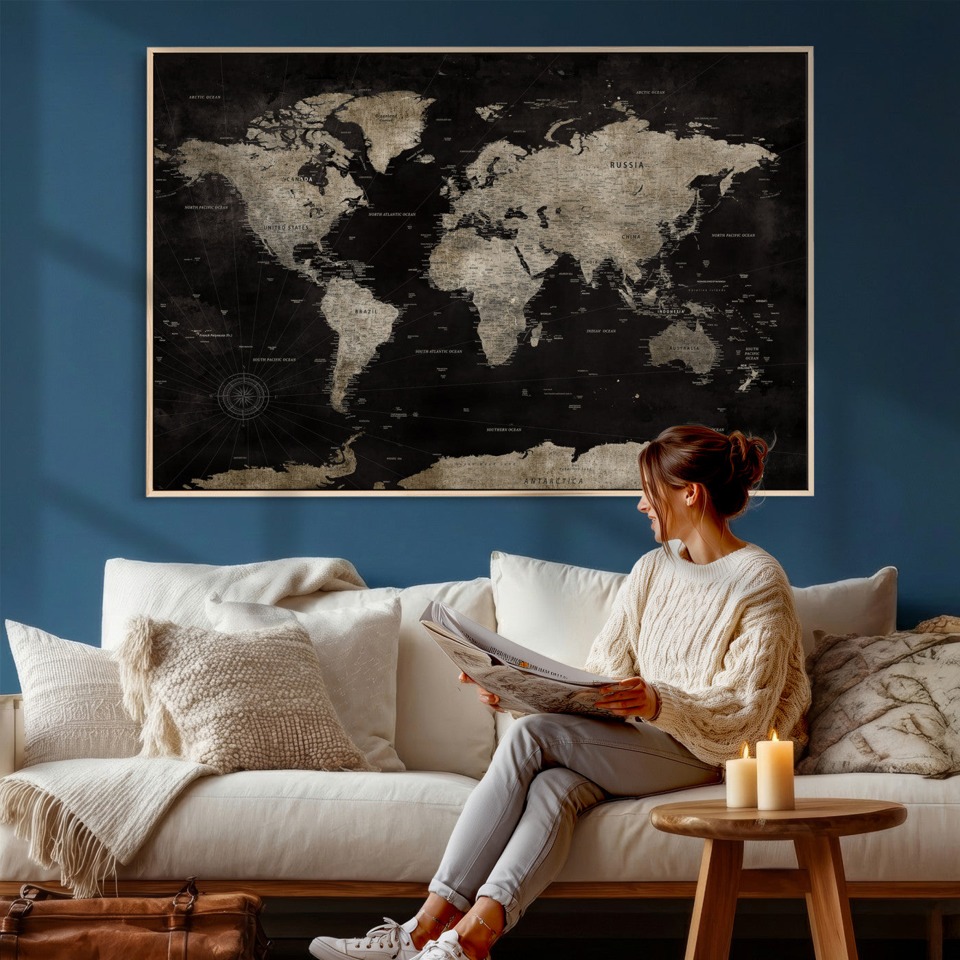 56225956-MGV-CV-36X24 - World Map Wall Art Canvas Print, Modern Decorative Framed Map Artwork Prints for Living Room, Office, Bedroom Wall Decor