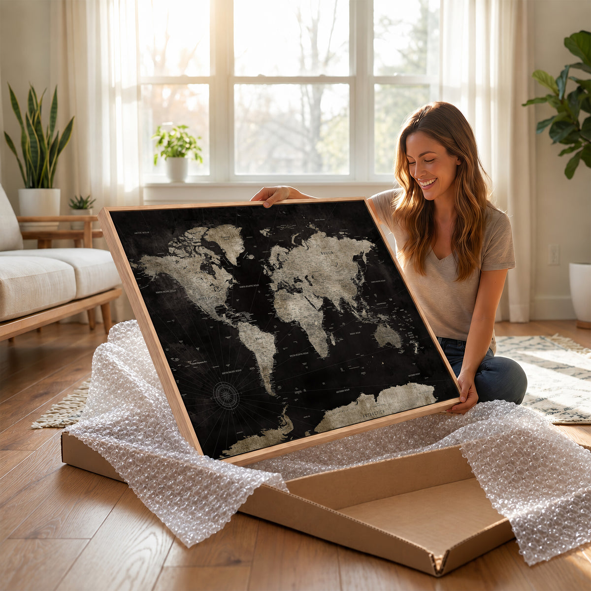 56225956-MGV-CV-36X24 - Detailed World Map Wall Art Print - Large Framed World Map