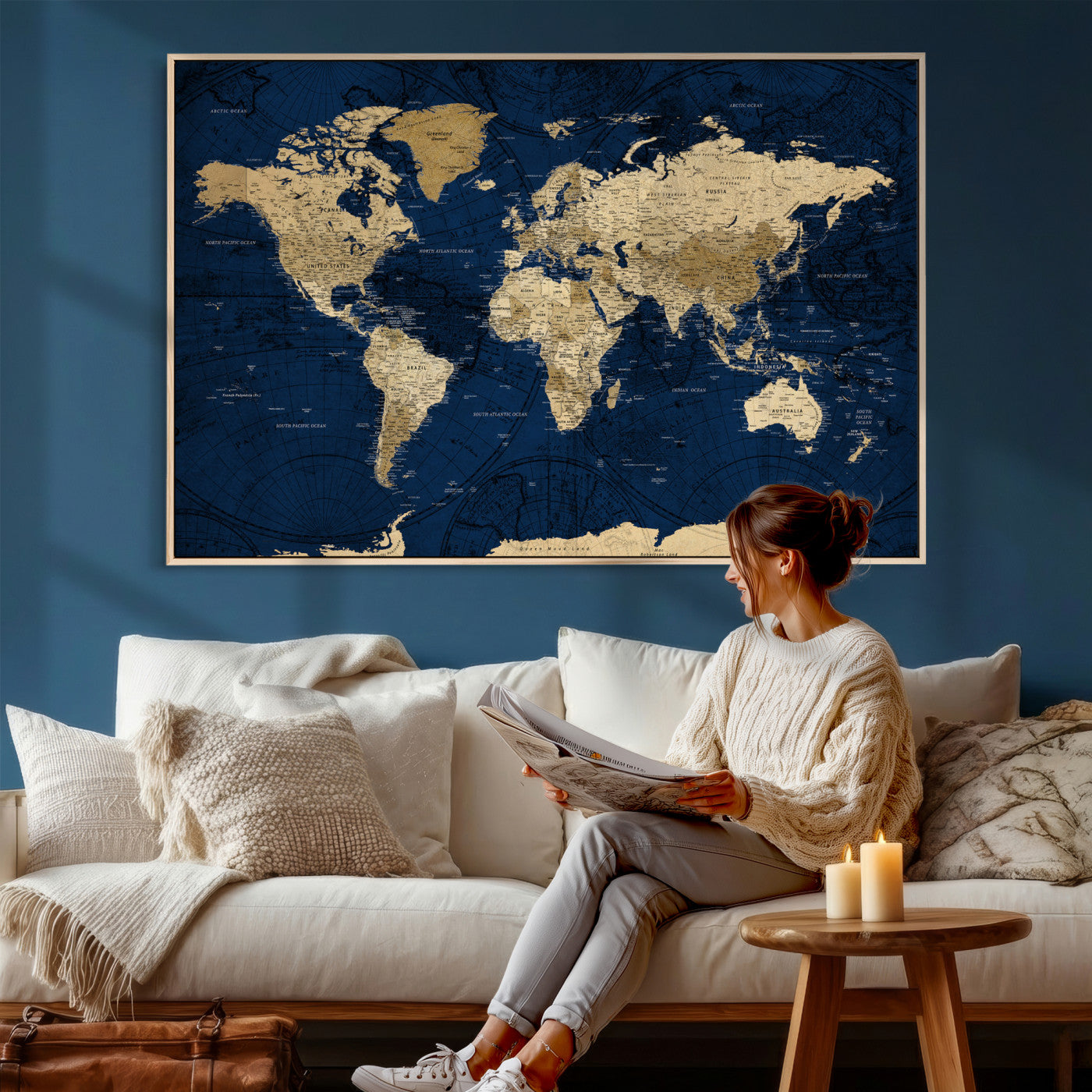 54770746-MGV-CV-36X24 - World Map Wall Art Canvas Print, Modern Decorative Framed Map Artwork Prints for Living Room, Office, Bedroom Wall Decor