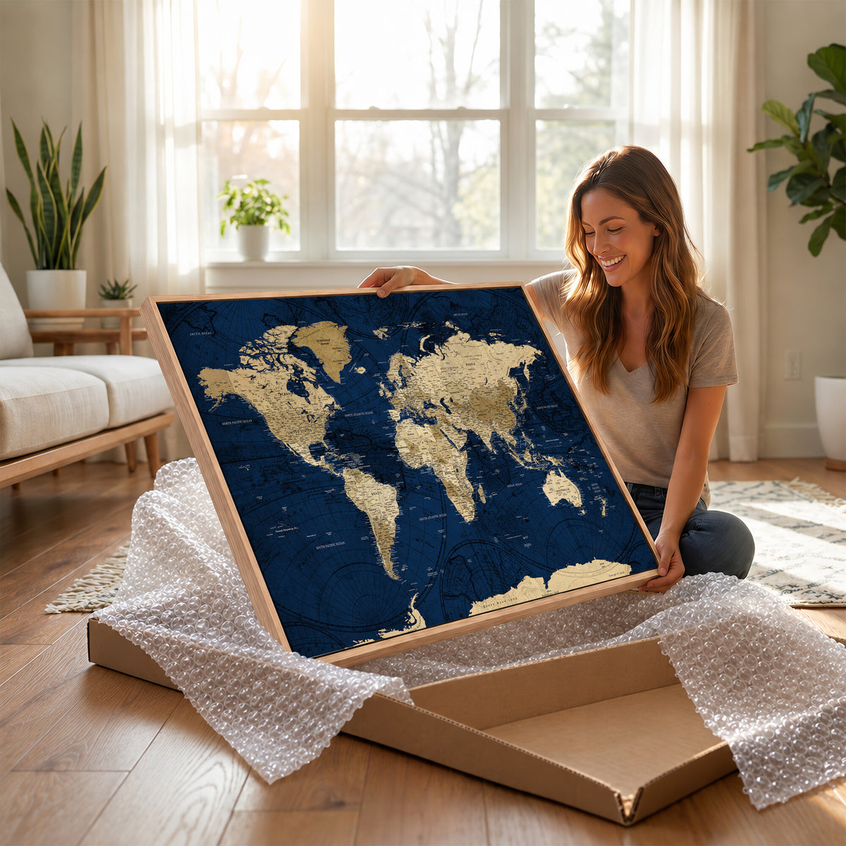 54770746-MGV-CV-36X24 - Navy Blue World Map Canvas Print – Detailed Map Minimal Navy