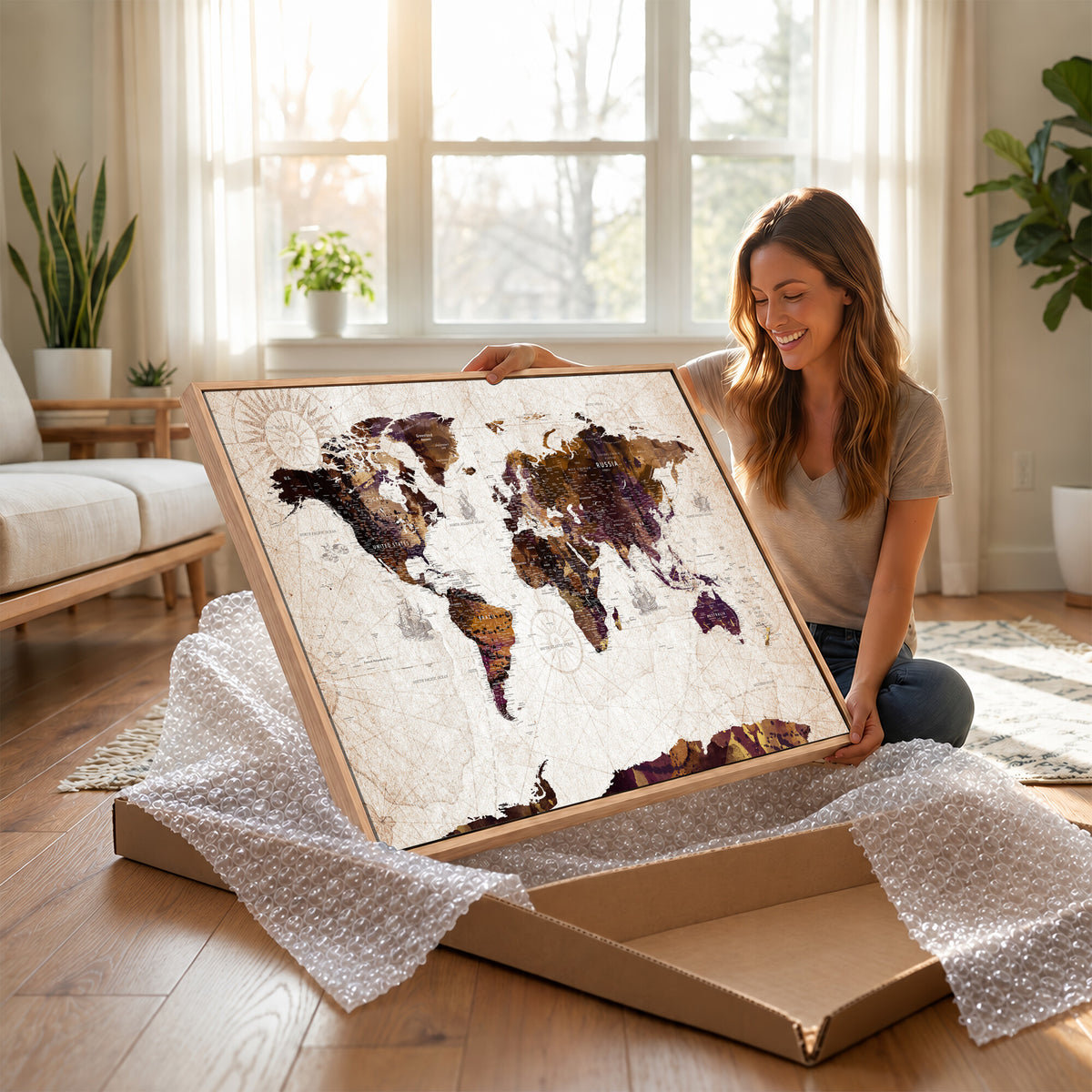 53400857-MGV-CV-36X24 - Blue Watercolor World Map Canvas Print – Framed Modern Wall