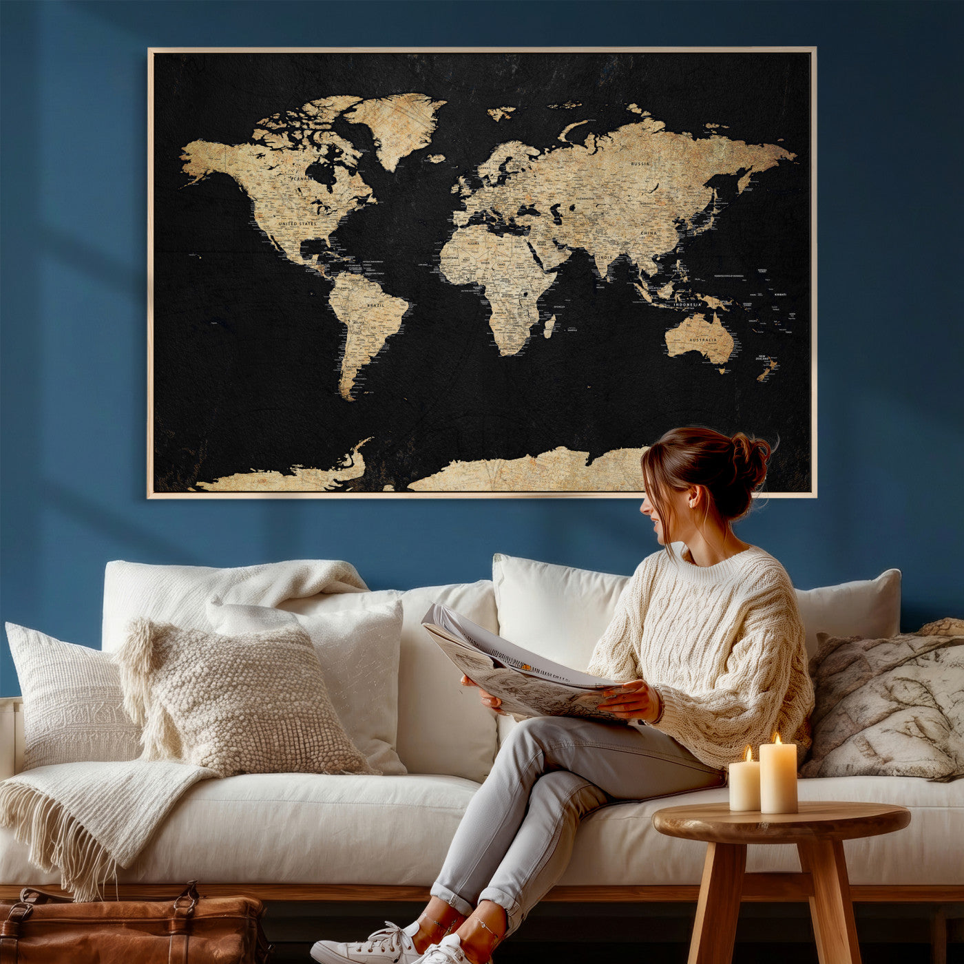 71518849-MGV-CV-36X24 - World Map Wall Art Canvas Print, Modern Decorative Framed Map Artwork Prints for Living Room, Office, Bedroom Wall Decor