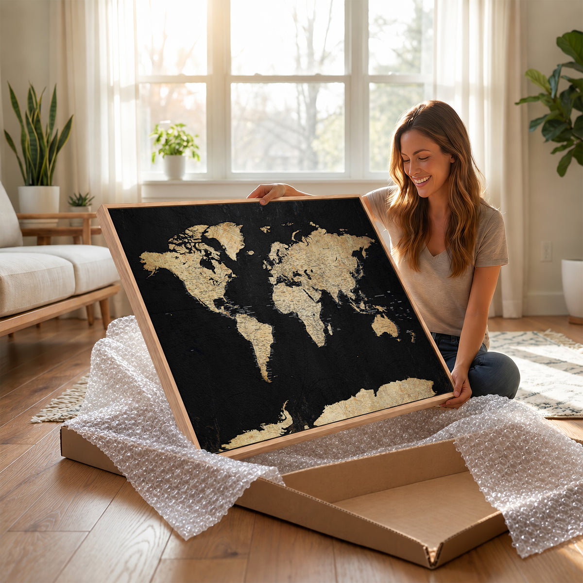 71518849-MGV-CV-36X24 - Beige World Map Canvas Wall Art Print, Minimal Black and