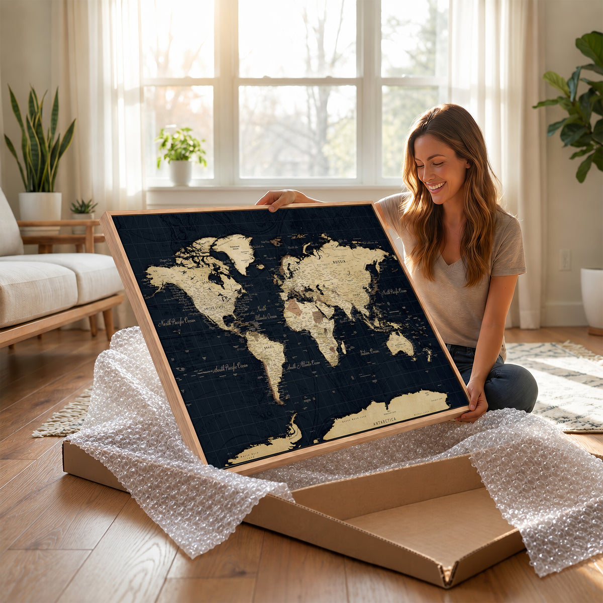 45063434-MGV-CV-36X24 - Dark World Map Canvas Wall Art Print, Minimal Black and Gold Map
