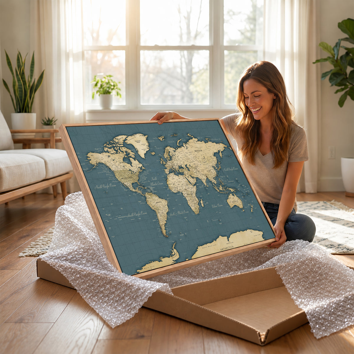 99599383-MGV-CV-36X24 - Minimal Vintage World Map Canvas Wall Art Print, Neutral