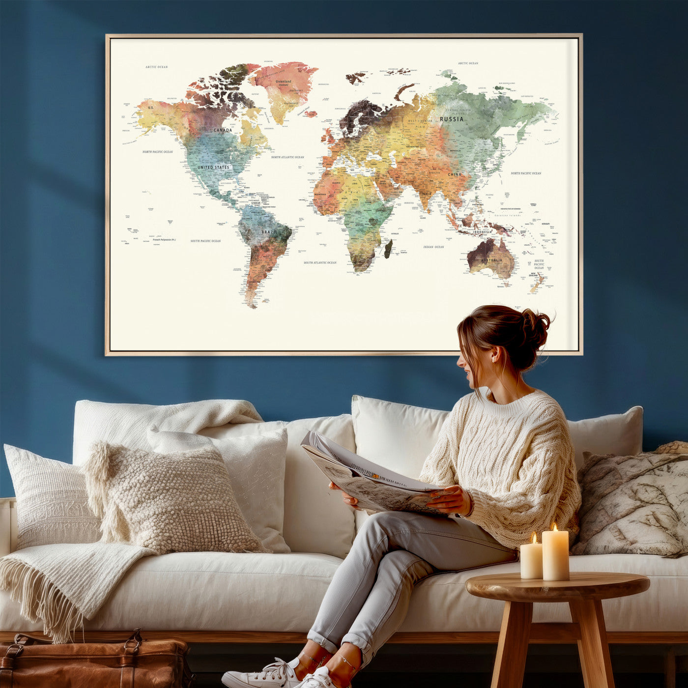 64206059-MGV-CV-36X24 - World Map Wall Art Canvas Print, Modern Decorative Framed Map Artwork Prints for Living Room, Office, Bedroom Wall Decor