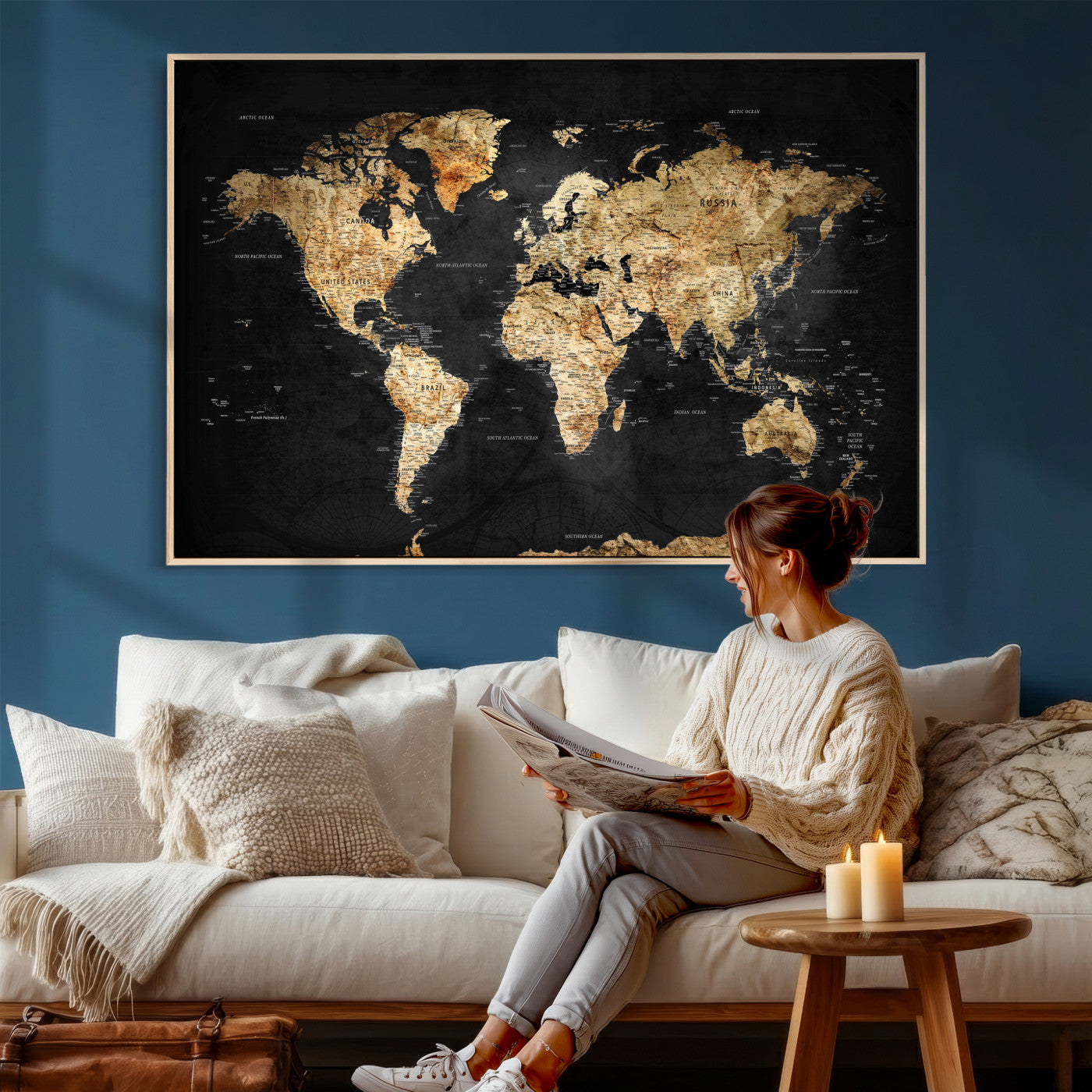 23568589-MGV-CV-36X24 - World Map Wall Art Canvas Print, Modern Decorative Framed Map Artwork Prints for Living Room, Office, Bedroom Wall Decor