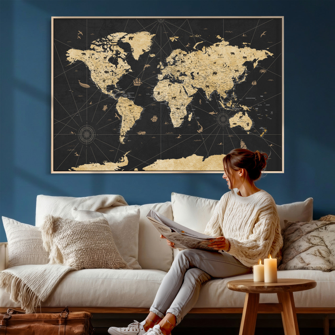 80270976-MGV-CV-36X24 - World Map Wall Art Canvas Print, Modern Decorative Framed Map Artwork Prints for Living Room, Office, Bedroom Wall Decor