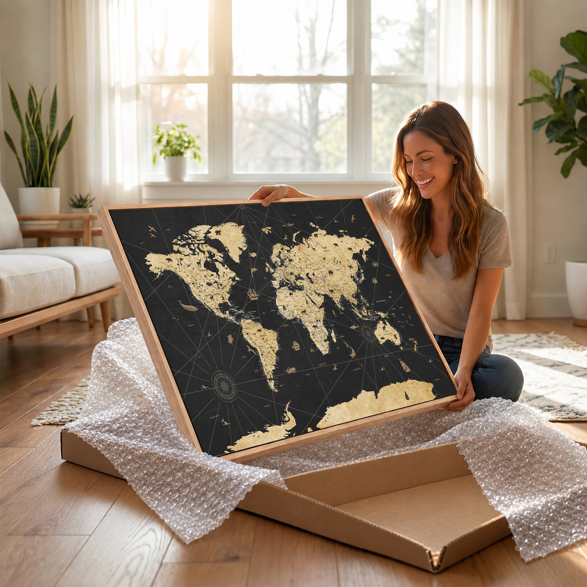 80270976-MGV-CV-36X24 - World Map Wall Art Canvas Print, Modern Decorative Framed Map Artwork Prints for Living Room, Office, Bedroom Wall Decor