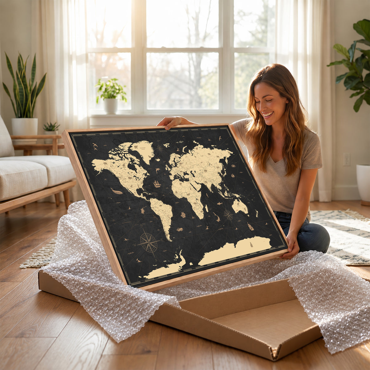 75220264-MGV-CV-36X24 - World Map Wall Art Canvas Print, Modern Decorative Framed Map Artwork Prints for Living Room, Office, Bedroom Wall Decor