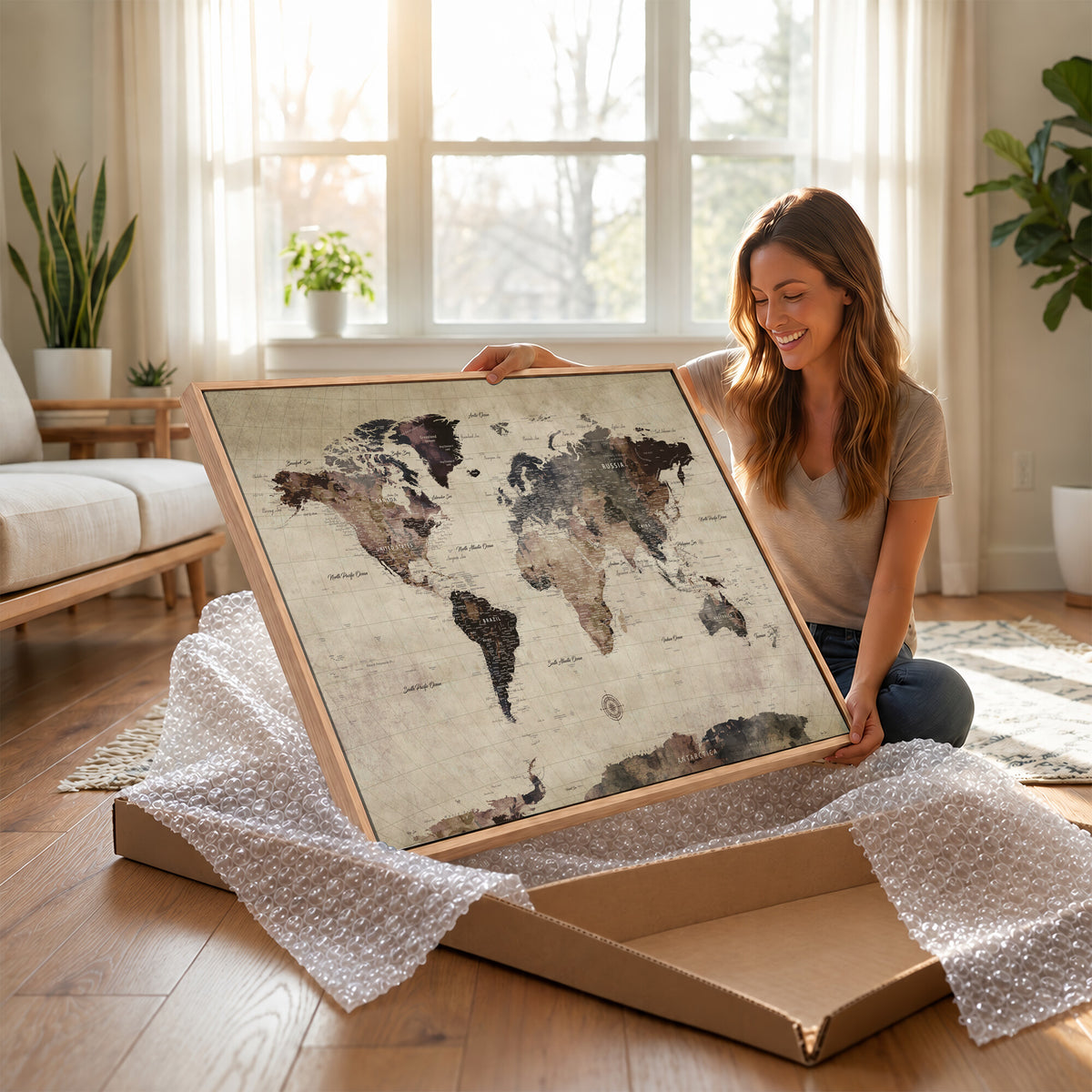 60560672-MGV-CV-36X24 - World Map Wall Art Canvas Print, Modern Decorative Framed Map Artwork Prints for Living Room, Office, Bedroom Wall Decor