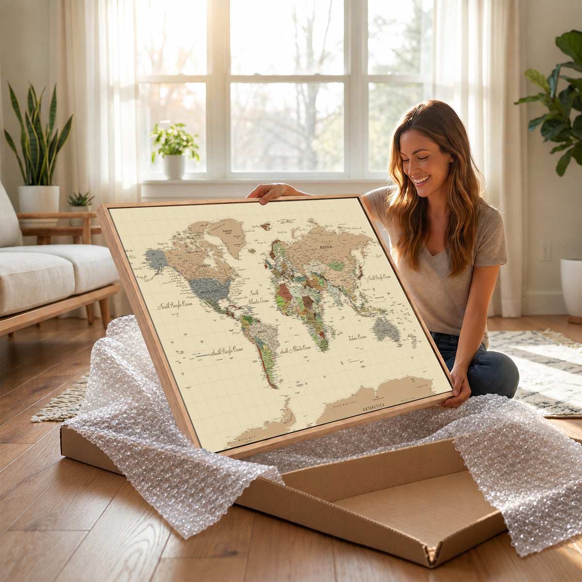 31407854-MGV-CV-36X24 - World Map Wall Art Canvas Print, Modern Decorative Framed Map Artwork Prints for Living Room, Office, Bedroom Wall Decor