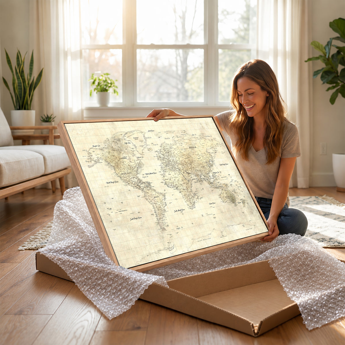 17101439-MGV-CV-36X24 - World Map Wall Art Canvas Print, Modern Decorative Framed Map Artwork Prints for Living Room, Office, Bedroom Wall Decor