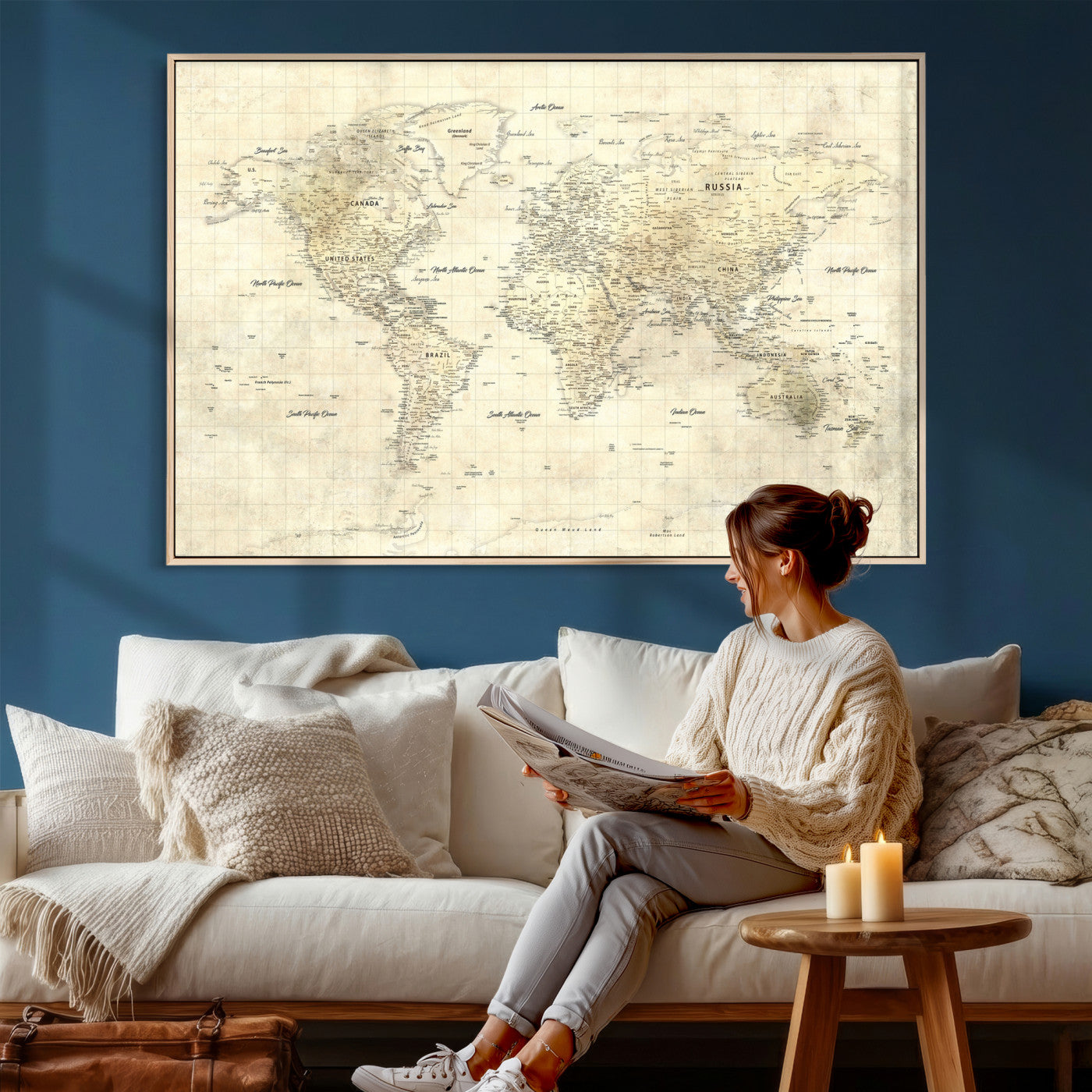 17101439-MGV-CV-36X24 - World Map Wall Art Canvas Print, Modern Decorative Framed Map Artwork Prints for Living Room, Office, Bedroom Wall Decor