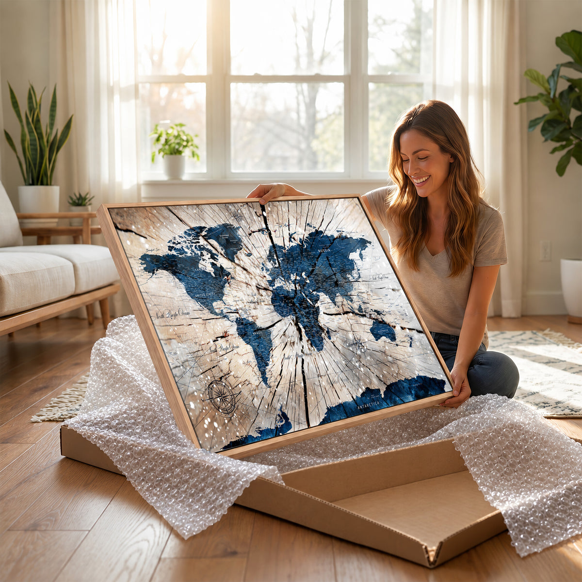 19478704-MGV-CV-36X24 - World Map Wall Art Canvas Print, Modern Decorative Framed Map Artwork Prints for Living Room, Office, Bedroom Wall Decor