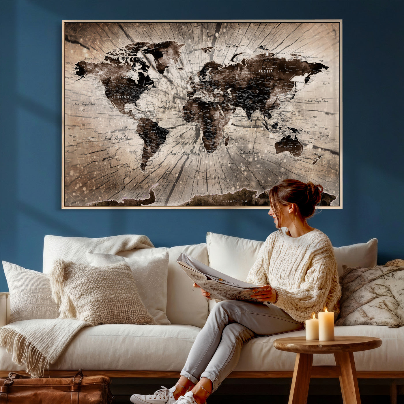 94623295-MGV-CV-36X24 - World Map Wall Art Canvas Print, Modern Decorative Framed Map Artwork Prints for Living Room, Office, Bedroom Wall Decor