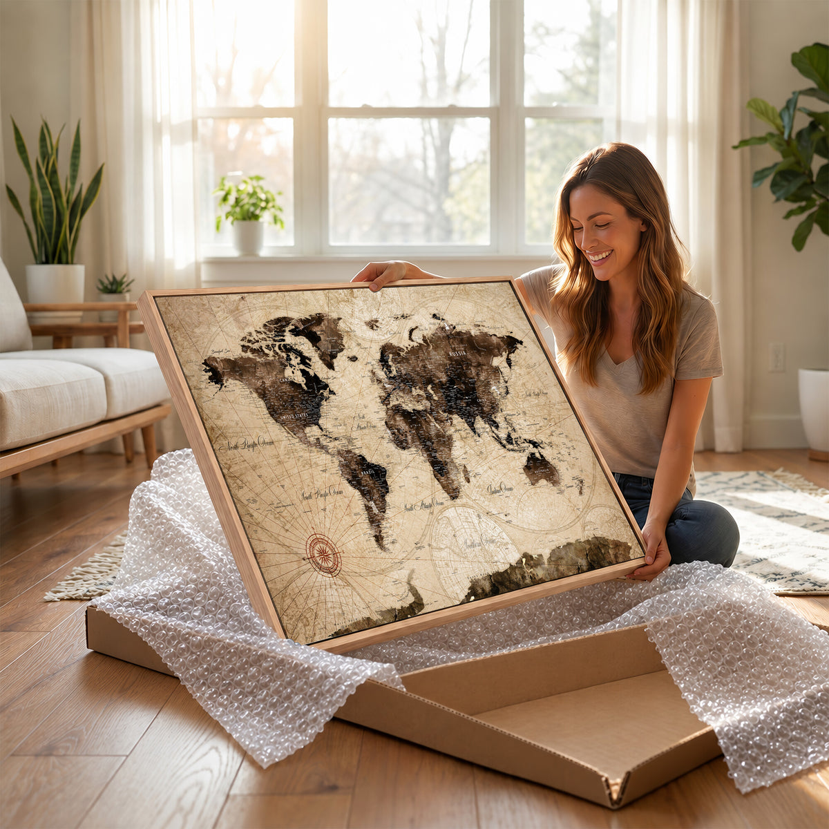 47657418-MGV-CV-36X24 - World Map Wall Art Canvas Print, Modern Decorative Framed Map Artwork Prints for Living Room, Office, Bedroom Wall Decor