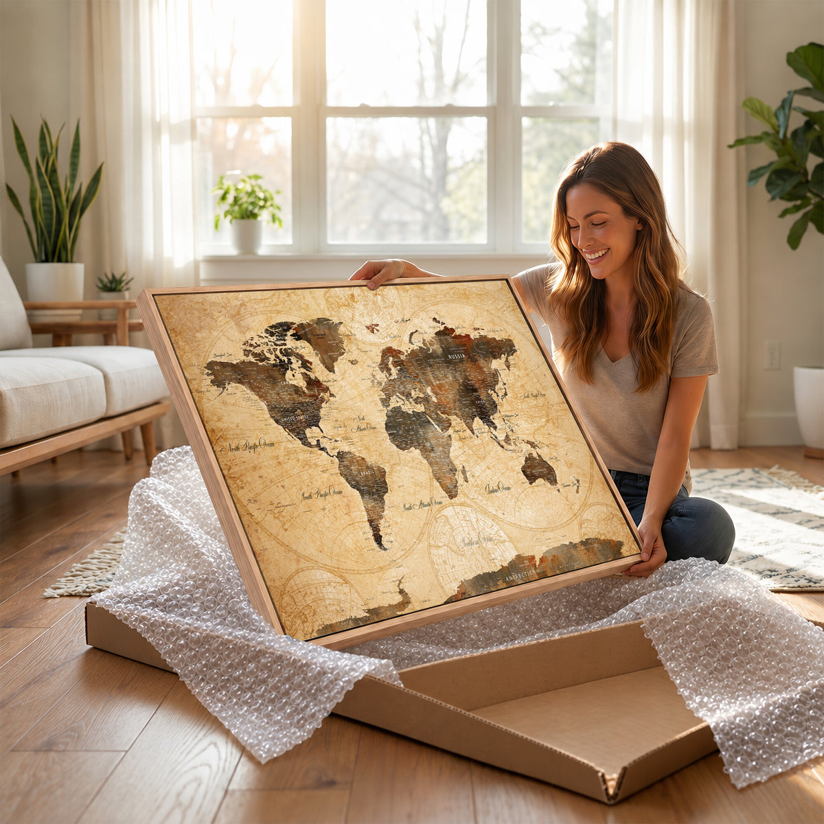 63156625-MGV-CV-36X24 - World Map Wall Art Canvas Print, Modern Decorative Framed Map Artwork Prints for Living Room, Office, Bedroom Wall Decor