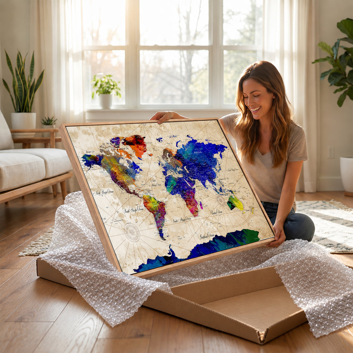 26284075-MGV-CV-36X24 - World Map Wall Art Canvas Print, Modern Decorative Framed Map Artwork Prints for Living Room, Office, Bedroom Wall Decor