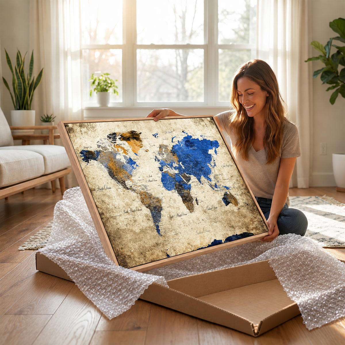 27314341-MGV-CV-36X24 - World Map Wall Art Canvas Print, Modern Decorative Framed Map Artwork Prints for Living Room, Office, Bedroom Wall Decor