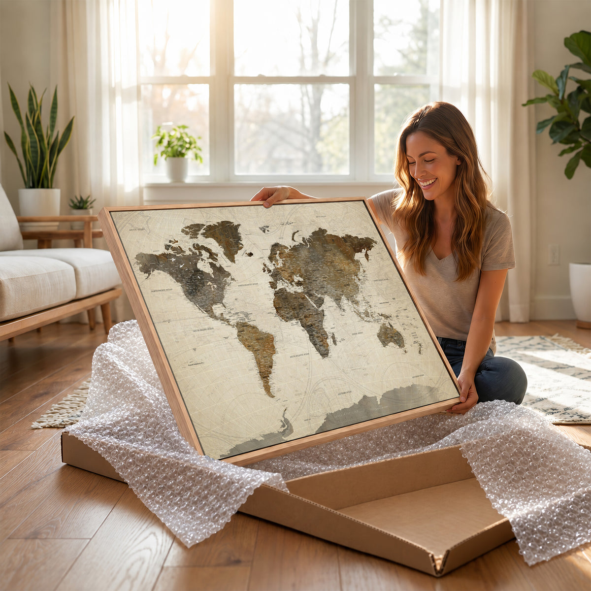 49623468-MGV-CV-36X24 - World Map Wall Art Canvas Print, Modern Decorative Framed Map Artwork Prints for Living Room, Office, Bedroom Wall Decor
